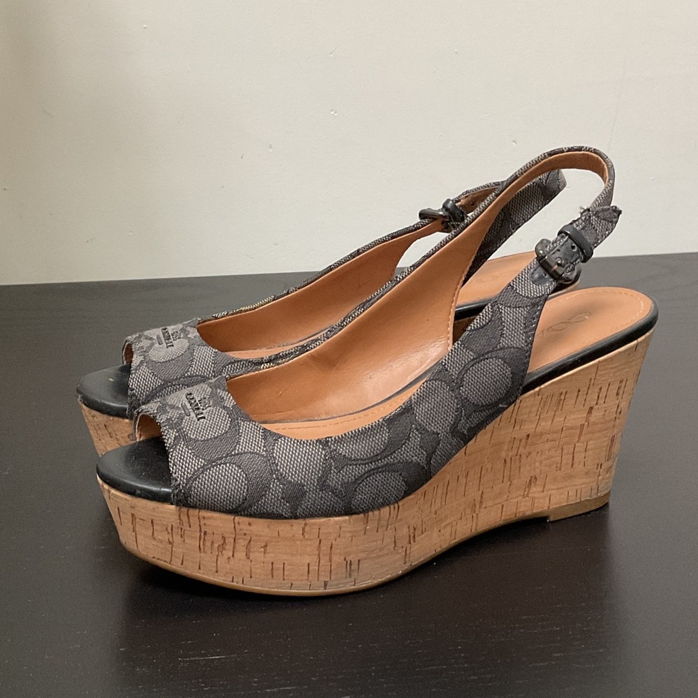 Coach Grey and Tan Wedge Slingback Monogram Peep Toe Sandals Size 6